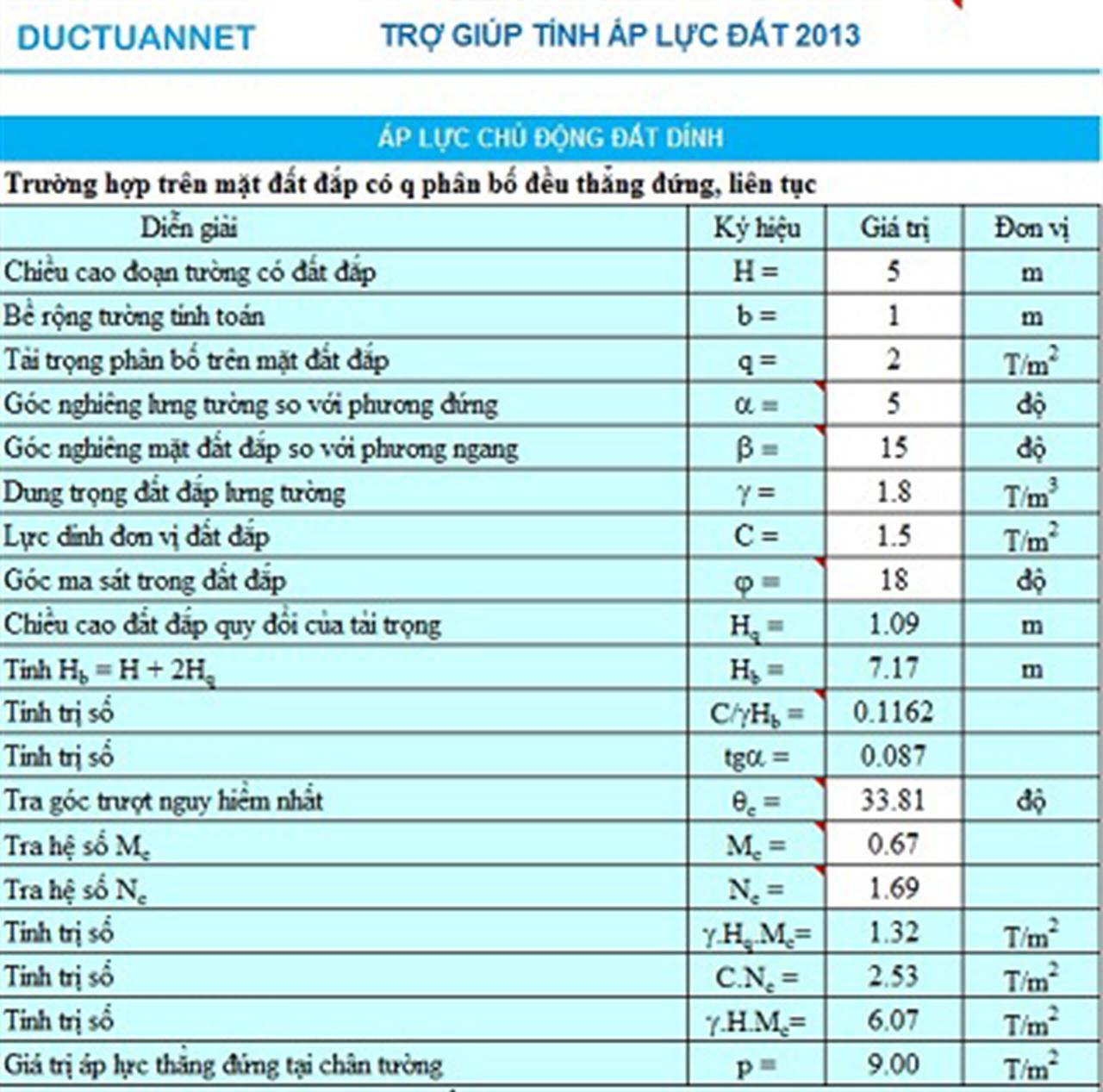Giới thiệu tiện ích: Trợ giúp Tính áp lực đất 2013