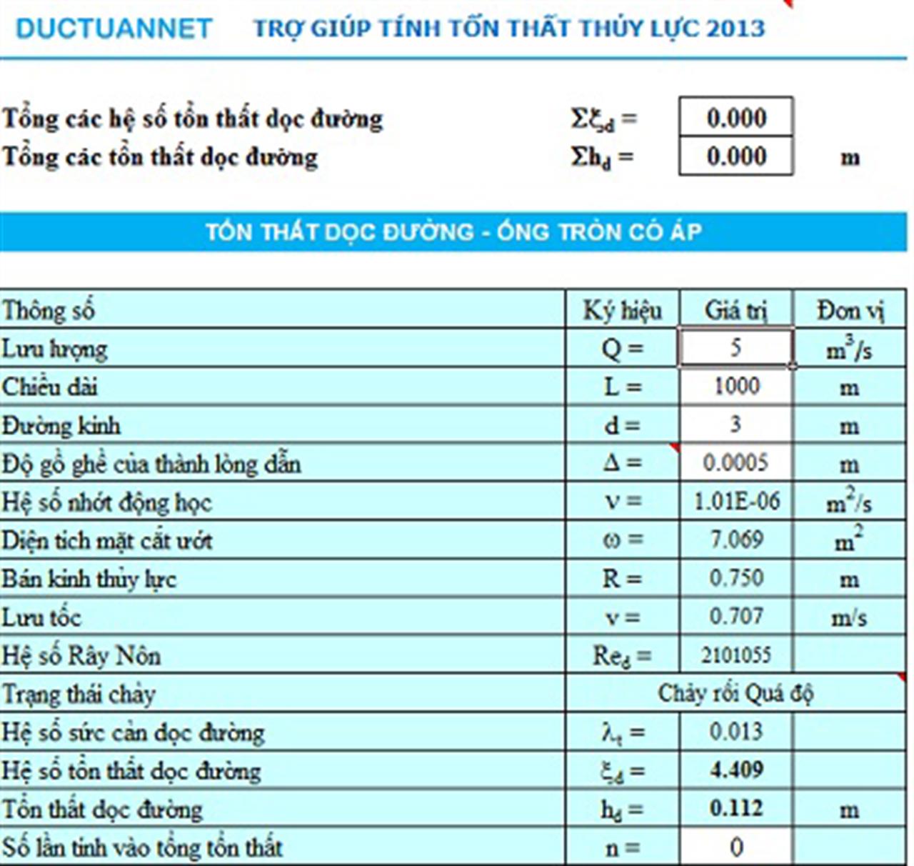 Giới thiệu tiện ích: Trợ giúp Tính tổn thất thủy lực 2013